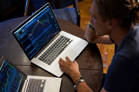 Student looking at data on a laptop